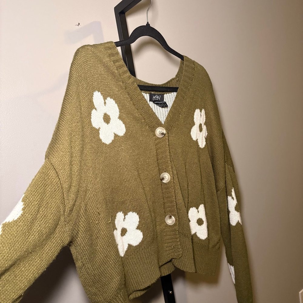Women's Just Polly New York Olive Green Floral Cardigan L - Picture 2 of 4